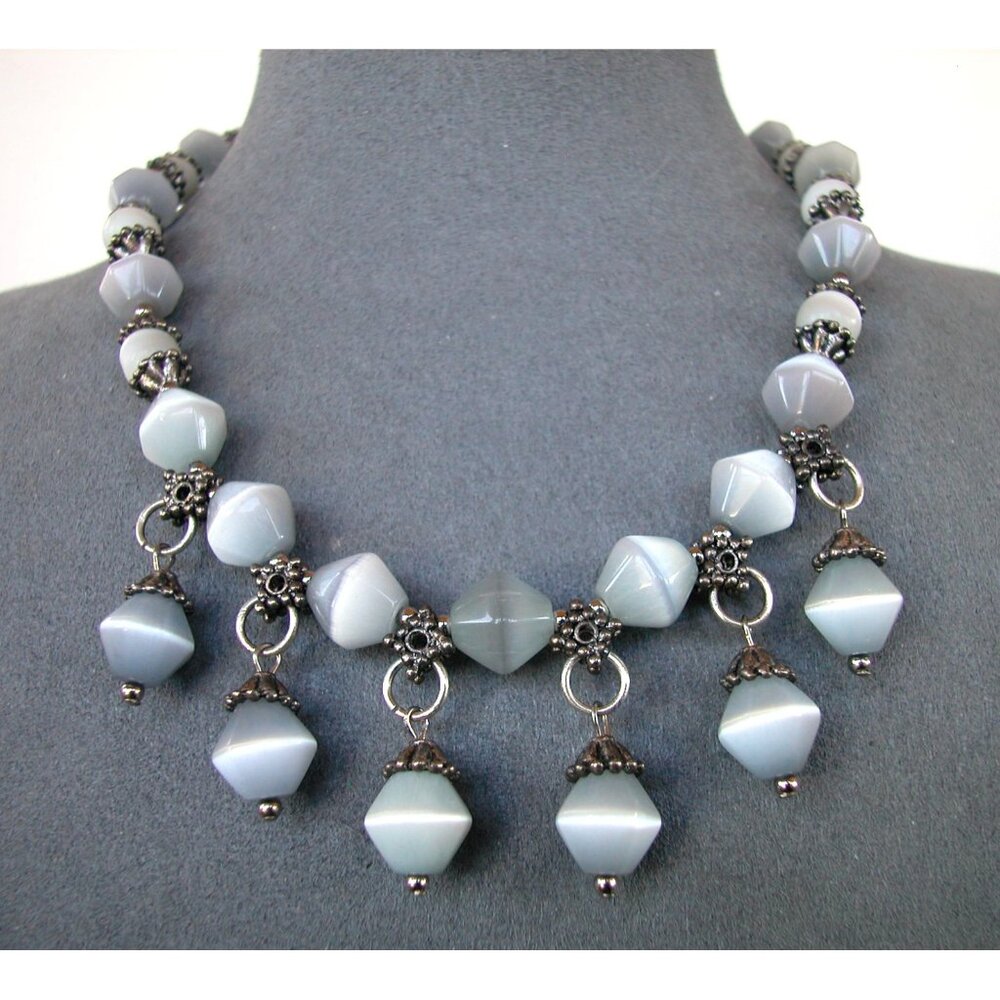 Necklace 14 " Gray Glass with Silver Tone Caps